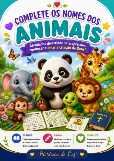 Capa do bônus Complete os Nomes dos Animais — Atividades para aprender, conhecer e amar a criação de Deus