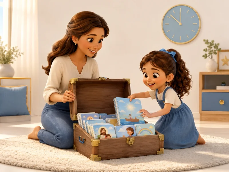 Mãe e filha abrindo o baú de madeira com a coleção de livros bíblicos