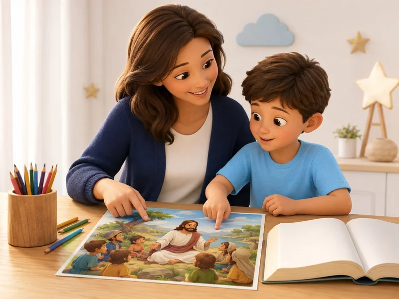 Mãe e filho na mesinha apontando para a história bíblica de Jesus com as crianças
