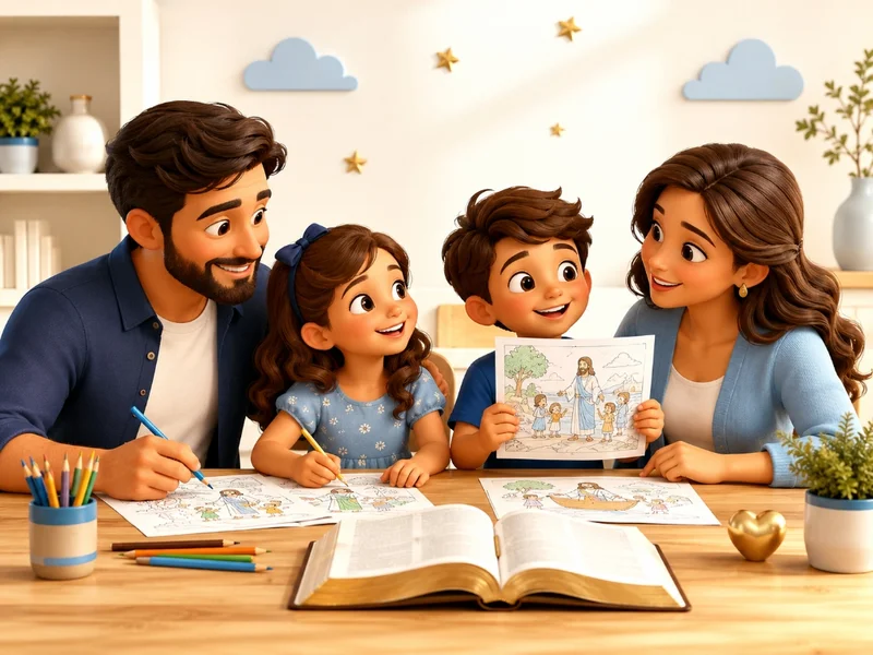 Família unida na mesa colorindo desenhos bíblicos com a Bíblia aberta