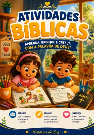 Capa do material Atividades Bíblicas — Aprenda, brinque e cresça com a Palavra de Deus